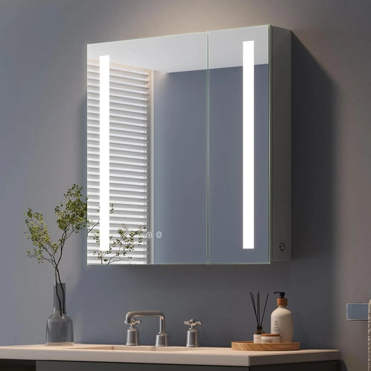 2-Door LED Illuminated Bathroom Mirror Cabinet with Shaver Socket, 3-Color Dimmable Lighting & Demister Pad