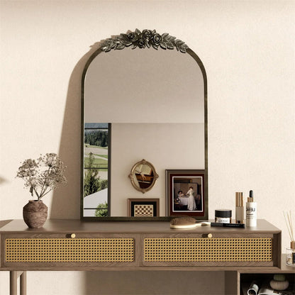 Arched Antique Brass Bathroom Mirror – Metal Frame with Decorative Resin Rose Pattern for Entryway, Fireplace & Living Room