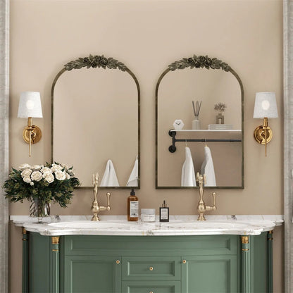Arched Antique Brass Bathroom Mirror – Metal Frame with Decorative Resin Rose Pattern for Entryway, Fireplace & Living Room