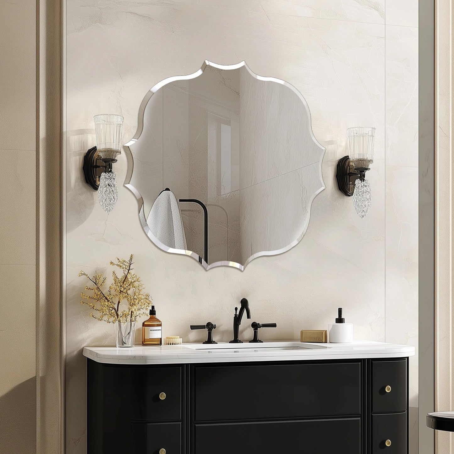 Frameless Bathroom Bathroom Mirror – Scalloped Beveled Edge Mirror for Living Room, Bedroom & Entryway