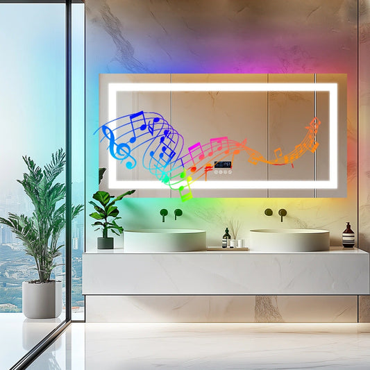 Large Smart Rectangle Multiple Size Glitzy RGB LED Bathroom Mirror With Bluetooth Speakers, Double Light, Anti-Fog, Time Date & Temperature Display