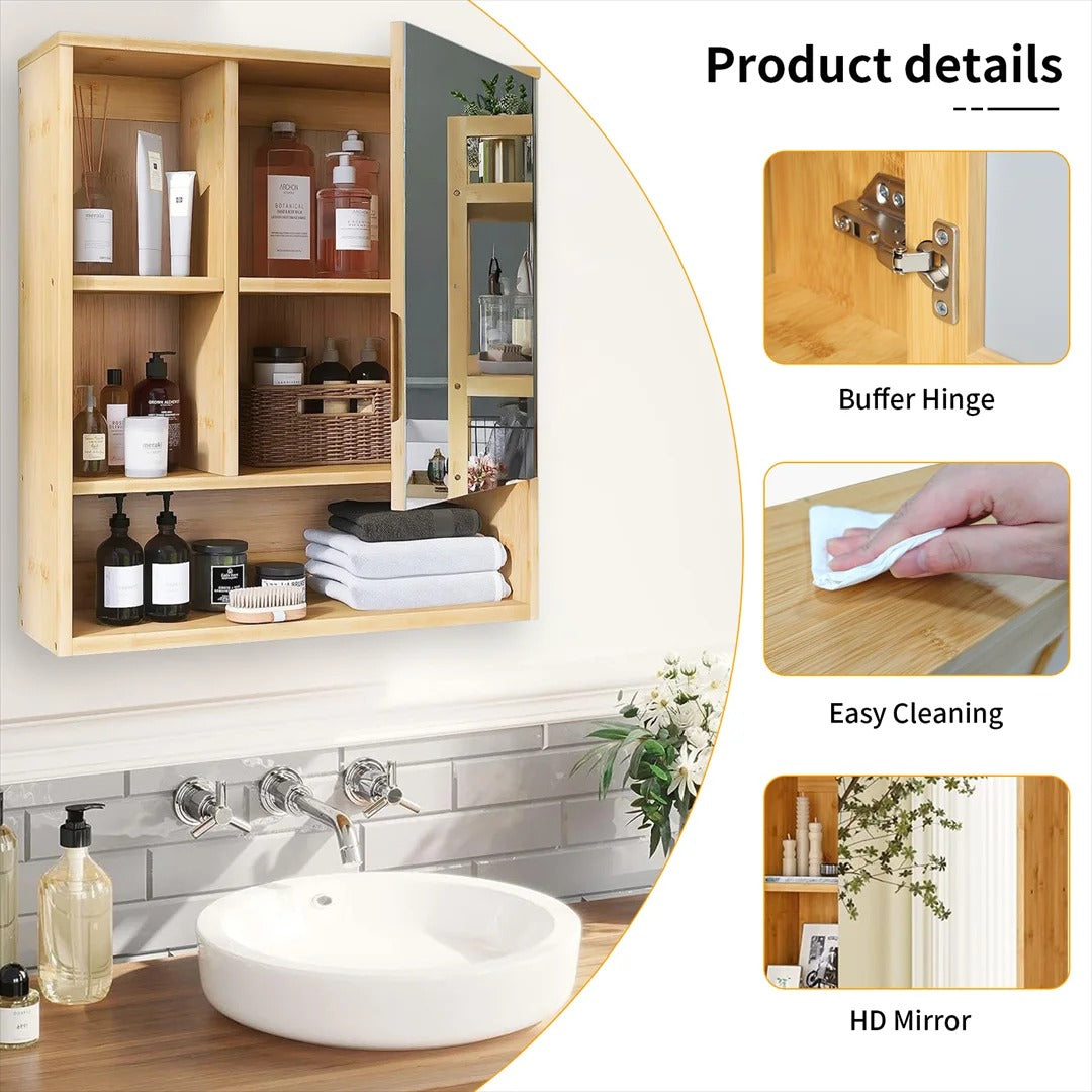 Bamboo Bathroom Mirror Cabinet with Adjustable Shelves – 22x24"