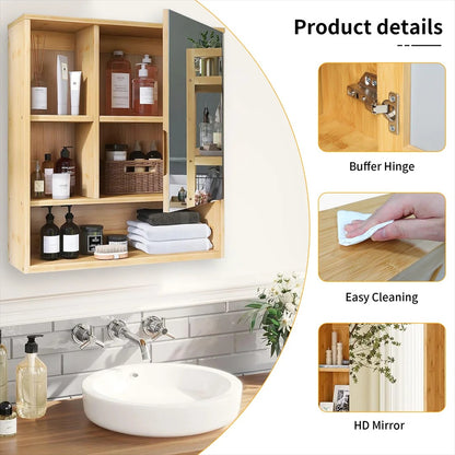 Bamboo Bathroom Mirror Cabinet with Adjustable Shelves – 22x24"