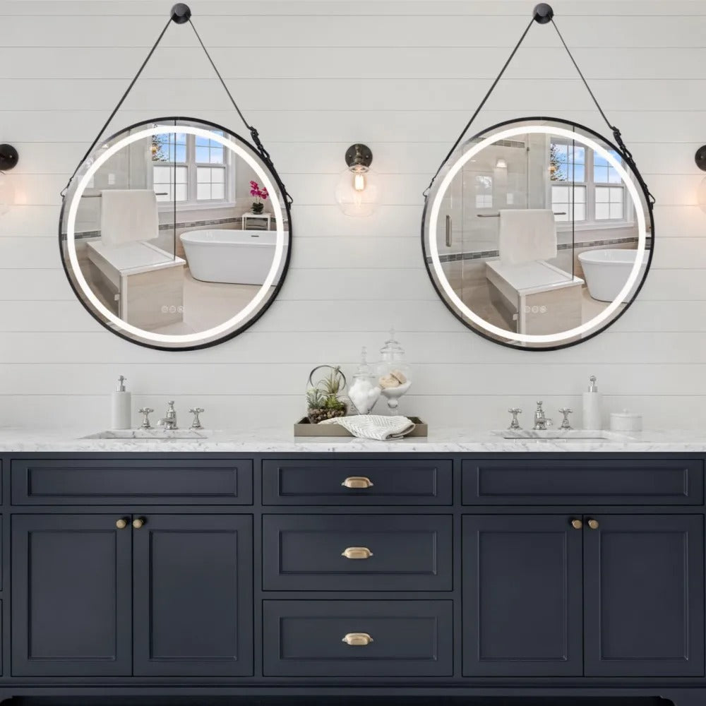 Detachable Rope Golden Frame Round Front Light LED Bathroom Illumination Mirror, Wall Mounted, Anti-Fog