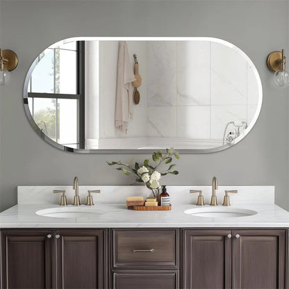 Frameless Long Oval Bathroom Vanity Mirror – Silver Glass Wall Mirror with Beveled Edge for Bathroom & Entryway