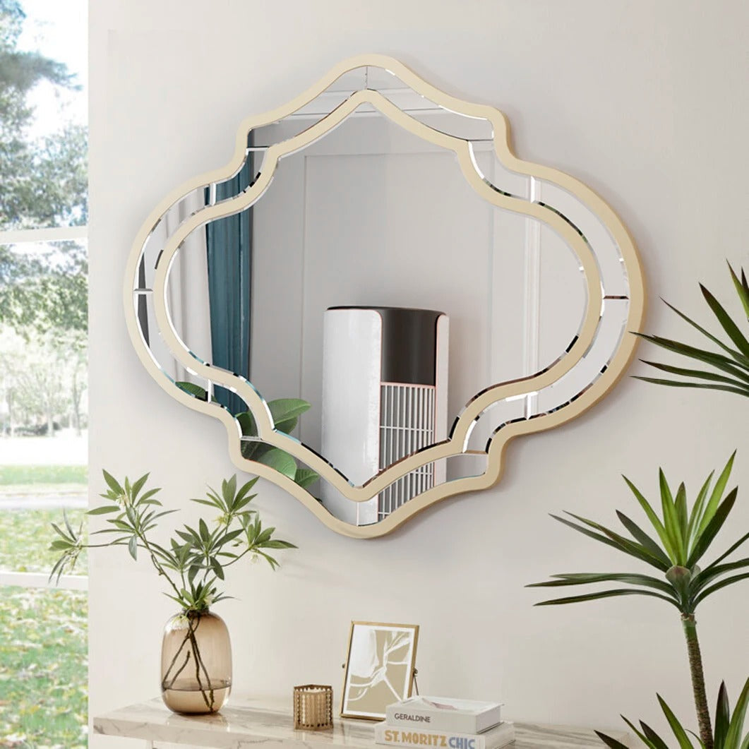 Large Gold Bathroom Mirror with Glass Frame – Modern Accent Mirror with Golden Rim for Living Room & Hallway Decor