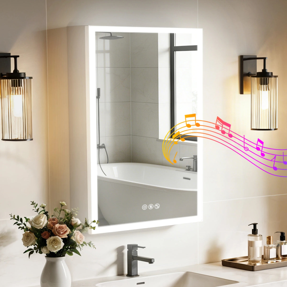 Illuminated Bluetooth mirror cabinet between wall lights above a basin