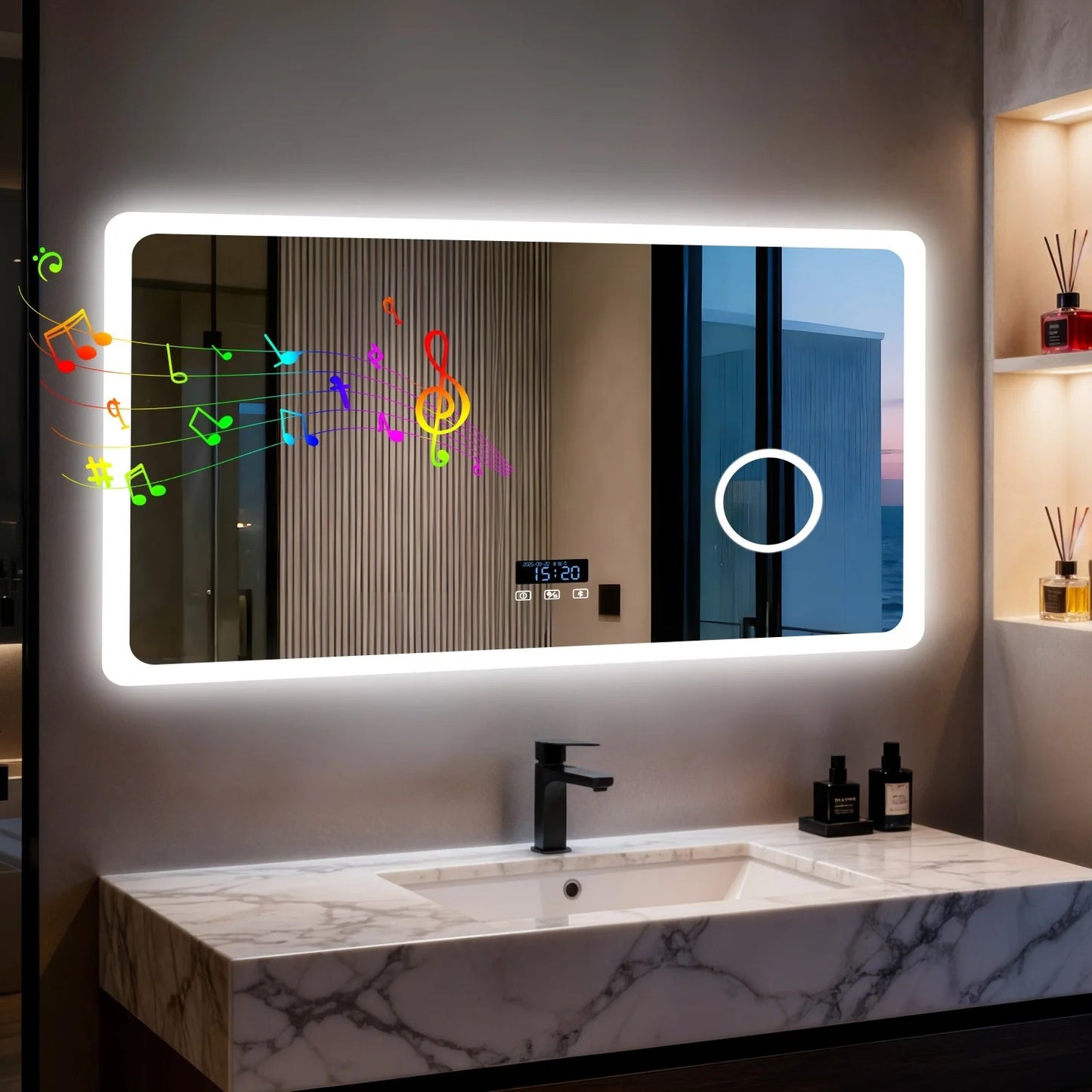 Rectangle Bluetooth LED Bathroom Mirror – Anti-Fog Vanity Mirror with 3X Magnifier, Dimmable Touch Light, Date & Time Display
