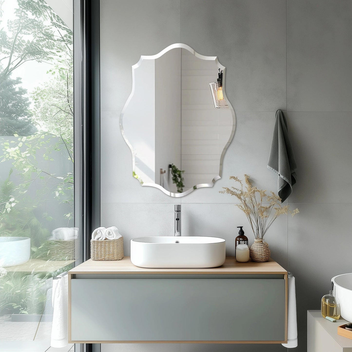 Scalloped Frameless Bathroom Mirror – Polished Silver Beveled Edge Mirror for Bathroom, Bedroom, Vanity & Living Room