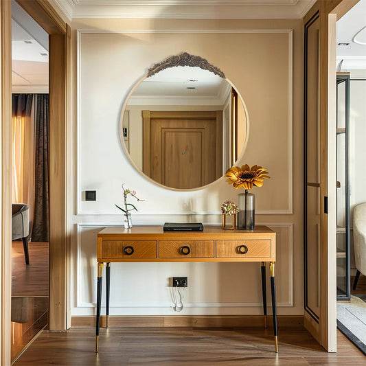 Baroque Round Bathroom Mirror – Brass Finish Metal Frame with Resin Rose Pattern for Living Room & Bathroom Décor