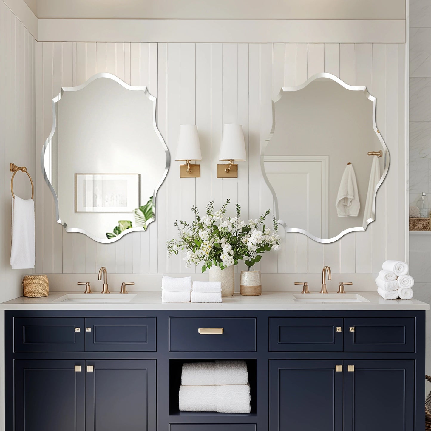 Scalloped Frameless Bathroom Mirror – Polished Silver Beveled Edge Mirror for Bathroom, Bedroom, Vanity & Living Room