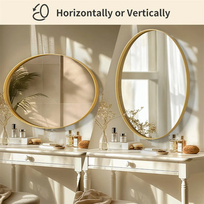 Brushed Gold Oval Bathroom Mirror with Metal Frame – Modern Decorative Vanity Mirror for Entryway & Living Room