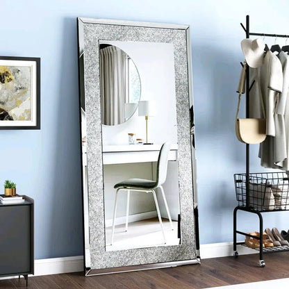 Luxury Silver Crystal Rectangle Vanity Mirror – Large Frameless Wall Dressing Mirror with Rhinestone Detailing