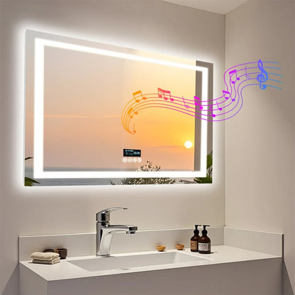 Rectangle Bluetooth Smart Bathroom Mirror  Illuminated Defog with Speakers and Time/Date/Temperature Display