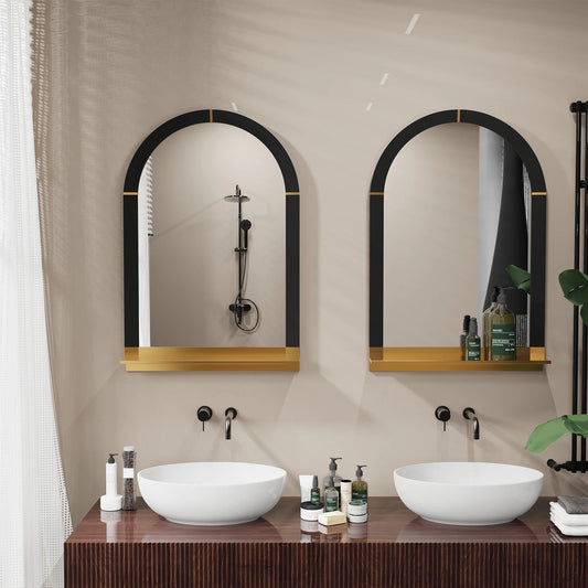 Modern Arched Bathroom Mirror with Shelf – 20x30" Gold Decorative Mirror for Entryway & Living Room