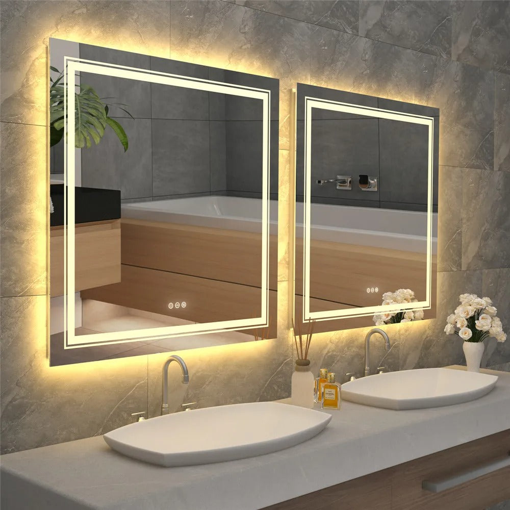 DOUBLE Light SQUARE LED Illuminated Mirror Bathroom Makeup Mirror with Dimmable,Anti-Fog