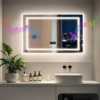 Rectangle Bluetooth Smart Bathroom Mirror  Illuminated Defog with Speakers and Time/Date/Temperature Display