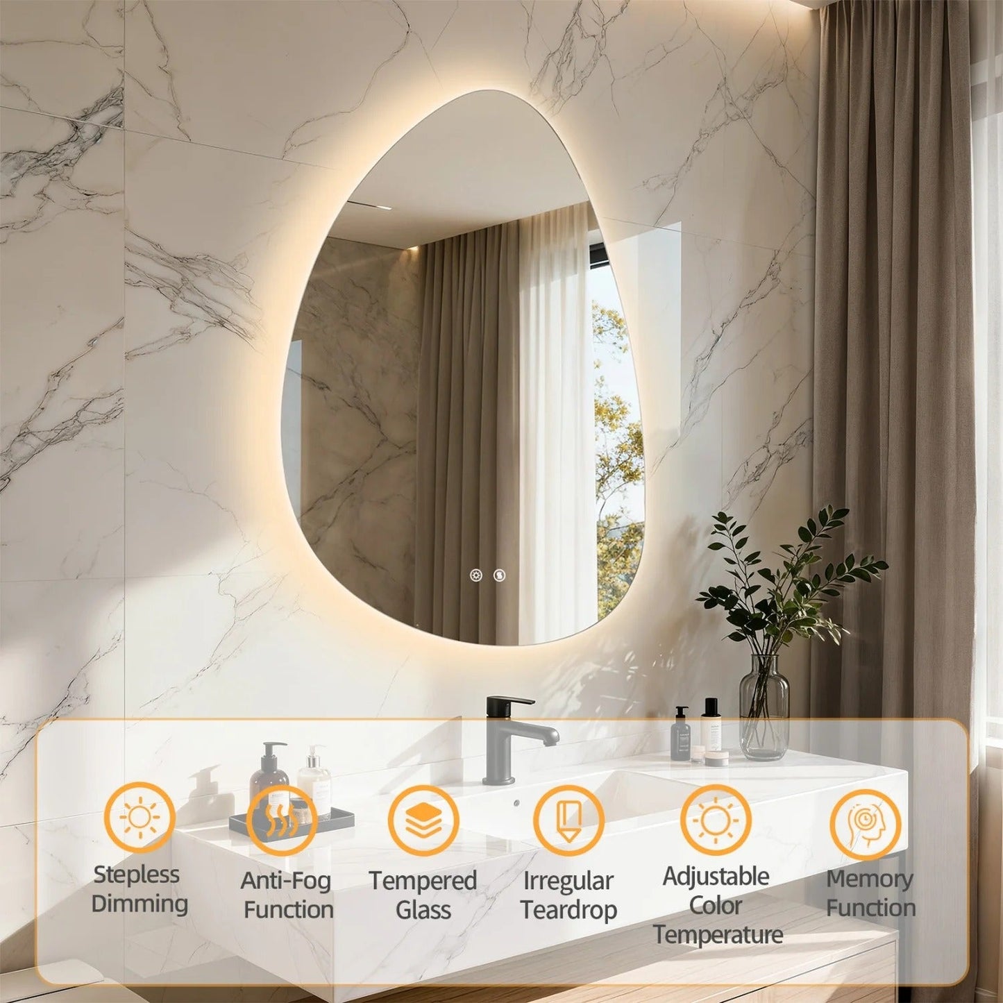 Irregular Illuminated Backlit LED Bathroom Mirror, 3 Colors Setting Anti-fog