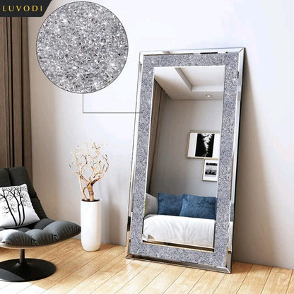 Luxury Silver Crystal Rectangle Vanity Mirror – Large Frameless Wall Dressing Mirror with Rhinestone Detailing