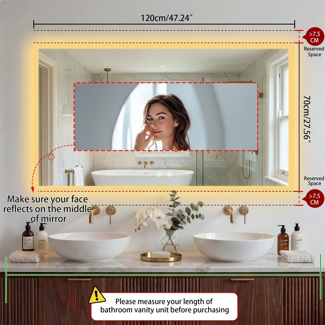 Large Backlit Rectangle Bathroom Mirror with Touch Sensor & Anti-Fog Function