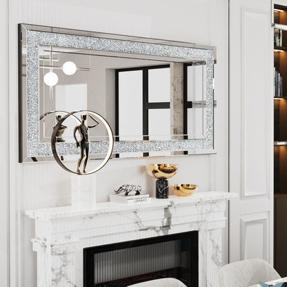 Luxury Silver Crystal Rectangle Vanity Mirror – Large Frameless Wall Dressing Mirror with Rhinestone Detailing
