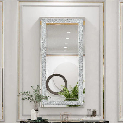 Luxury Silver Crystal Rectangle Vanity Mirror – Large Frameless Wall Dressing Mirror with Rhinestone Detailing