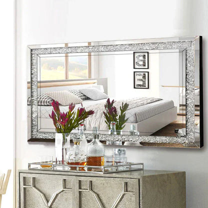 Luxury Silver Crystal Rectangle Vanity Mirror – Large Frameless Wall Dressing Mirror with Rhinestone Detailing