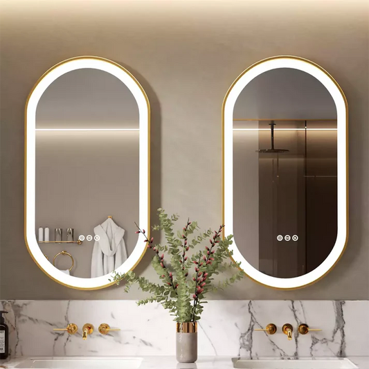 Arched Oval Aluminum Alloy Frame Front Light LED Smart Bathroom Illumination Mirror, Wall Mounted, Anti-Fog