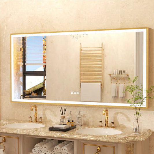 Rectangle Golden Aluminum Alloy Frame, Front Light Large LED Bathroom Illumination Mirror, Wall Mounted, Anti-Fog