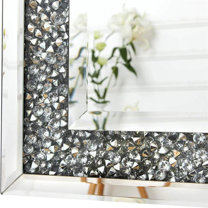 Luxury Silver Crystal Rectangle Vanity Mirror – Large Frameless Wall Dressing Mirror with Rhinestone Detailing