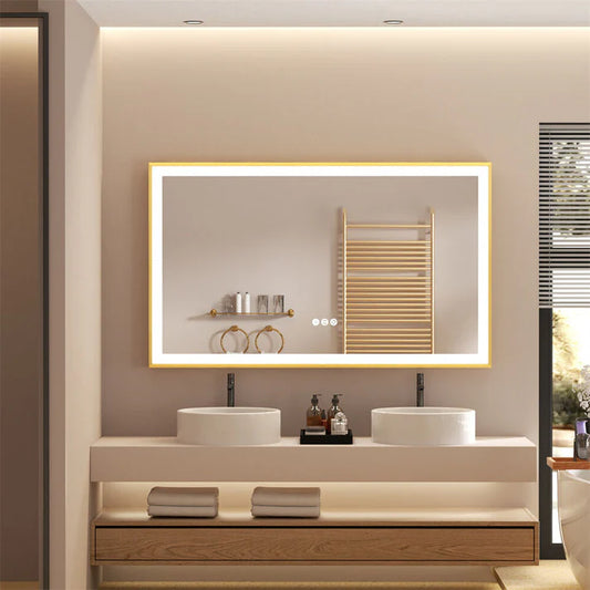 Rectangle Golden Aluminum Alloy Frame Front Light LED Smart Bathroom Illumination Mirror, Wall Mounted, Anti-Fog