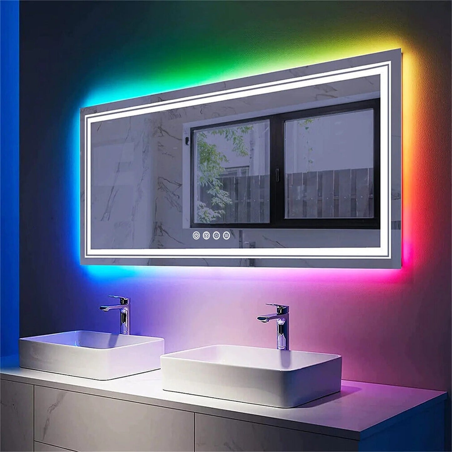 Rectangle Glitzy RGB Double Light LED Bathroom Mirror RGB Color Changing Backlight, Dimmable, Anti-Fog, and Shatterproof