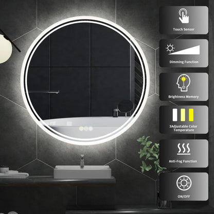 Backlit Light 60 cm & 80 cm LED round Bathroom Mirror, with Backlit Illumination, Wall Mounted, Anti-Fog, 3 Color Settings