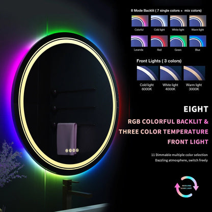 Round Glitzy RGB Double Light LED Smart Bathroom Illumination Mirror, Wall Mounted, Anti-Fog