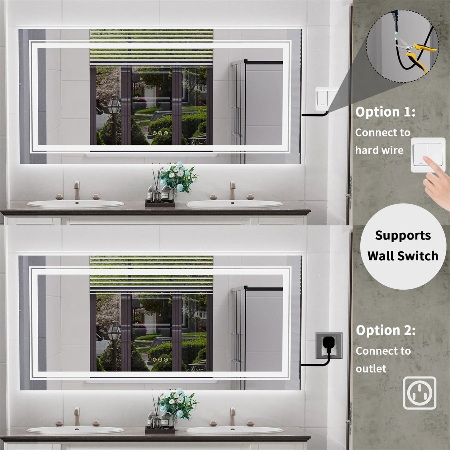 Extra Large rectangle LED Double Light Bathroom Mirror Dual Lights Anti-Fog Memory 3 Colors Dimmable