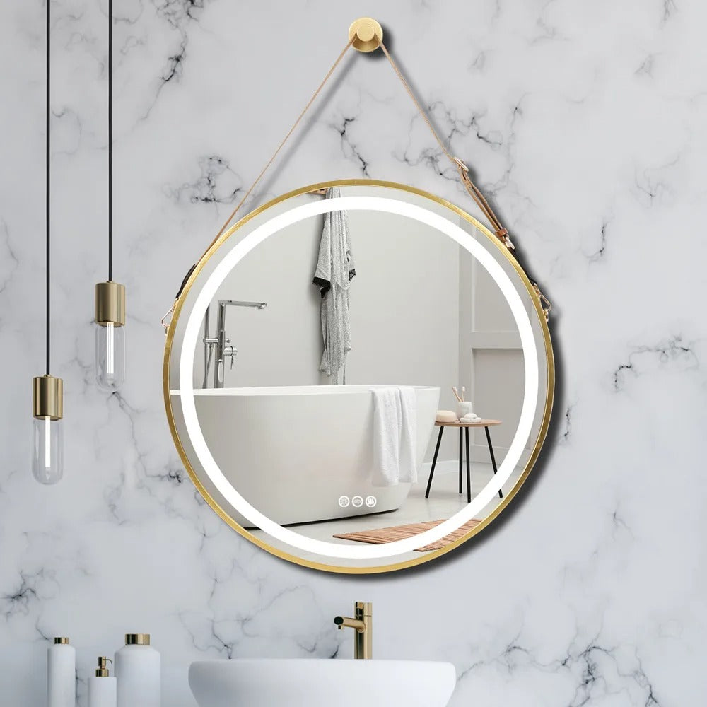 Golden Frame Round Mirror,Bathroom Mirror with Front Light,Wall Mounted Lighted Vanity Mirror, Anti-Fog & Dimmable Touch Switch