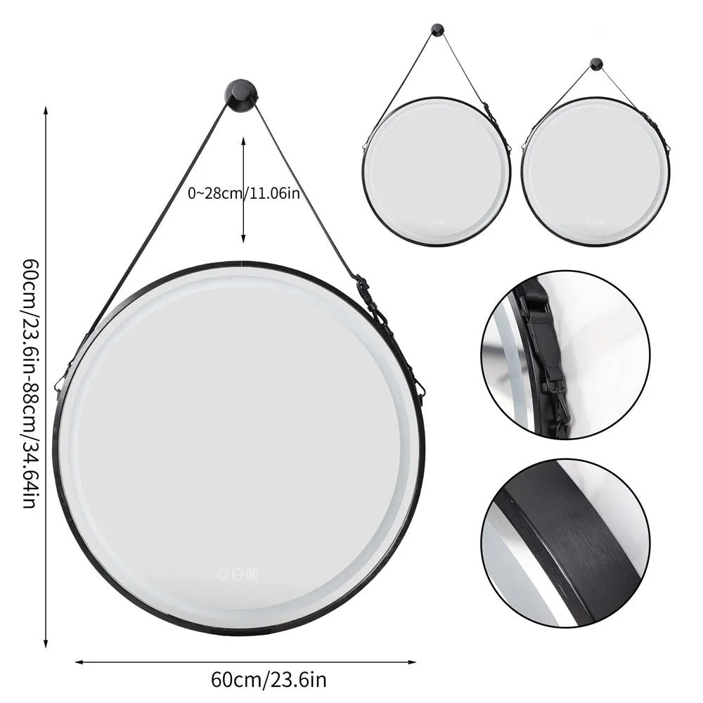 Frame With Rope Round Front Light LED Bathroom Illumination Mirror, Wall Mounted, Anti-Fog