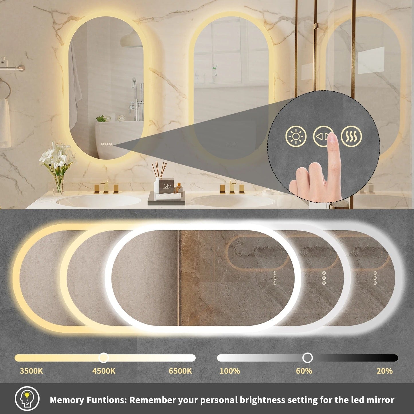 Extra large Arched Oval Backlit Light LED Smart Bathroom Illumination Mirror, Wall Mounted, Anti-Fog