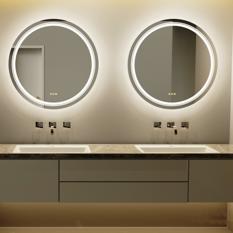 Round Double Light LED Bathroom Vanity Makeup Mirror Dimmable, Anti-Fog Circle Wall Mounted Mirror