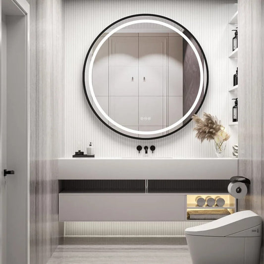Frame Round Mirror,Bathroom Mirror with Front Light,Wall Mounted Lighted Vanity Mirror, Anti-Fog & Dimmable Touch Switch
